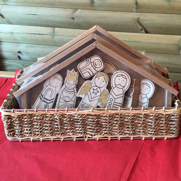Wooden Nativity Figures In House