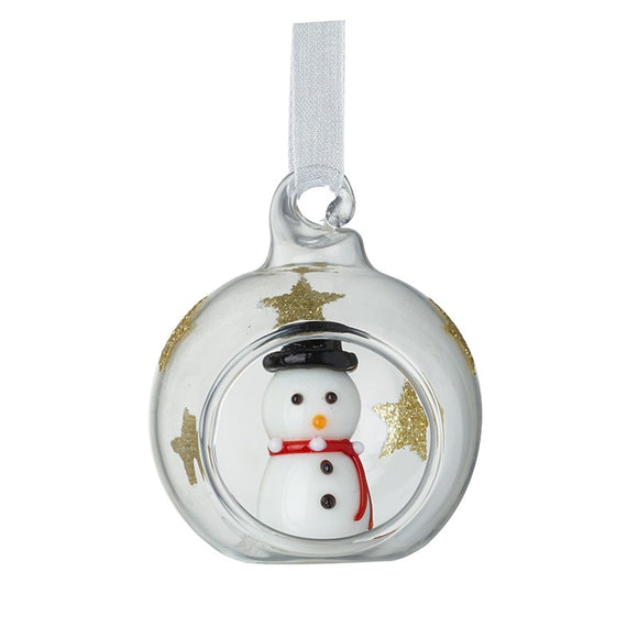 Clear and gold star glass bauble with snowman